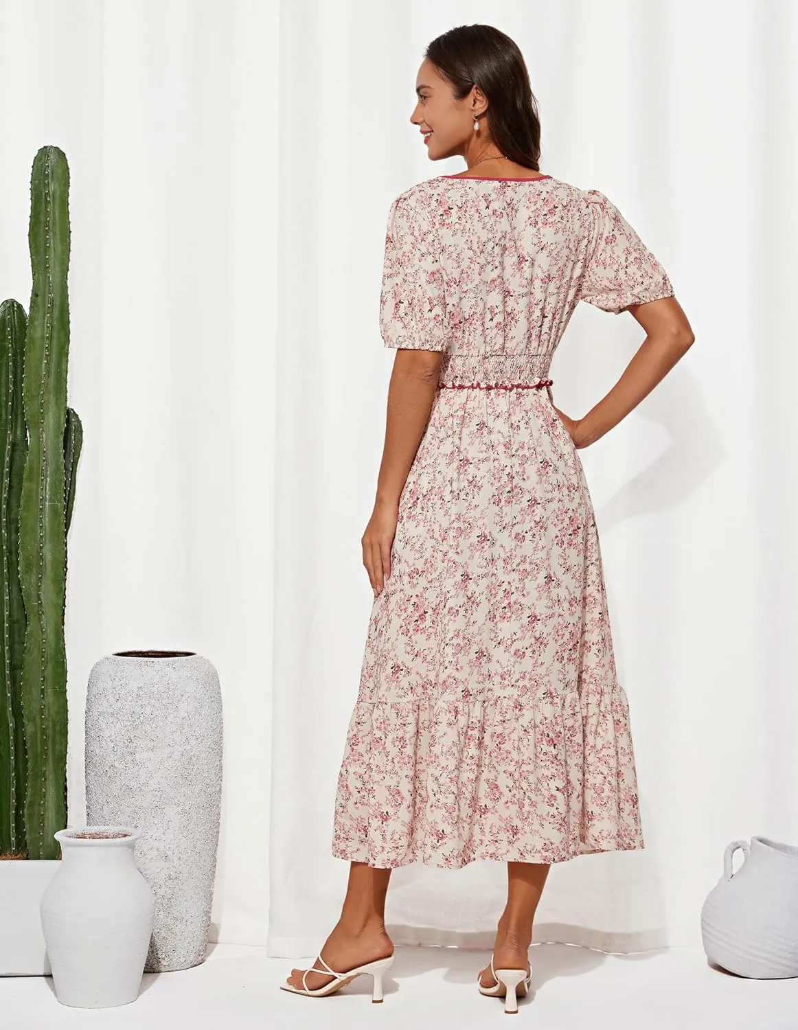 GRACE KARIN 2025 Women's Summer Floral Flowy A Line Midi Dresses Elegant Short Sleeve Smocked V-Neck Tiered Dresses