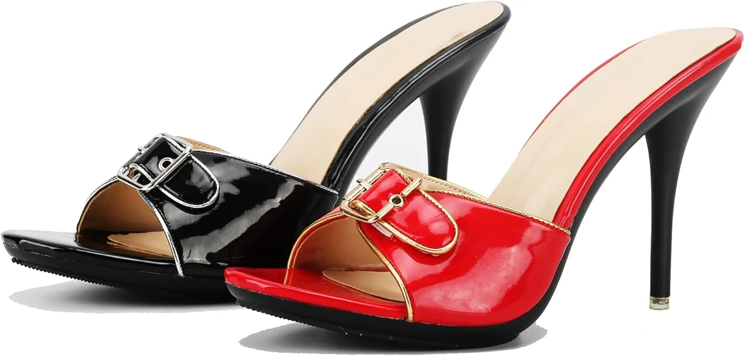 Hanfike Slip on High Heel Sandals for Women Buckle Backless Slide Dressy Mules