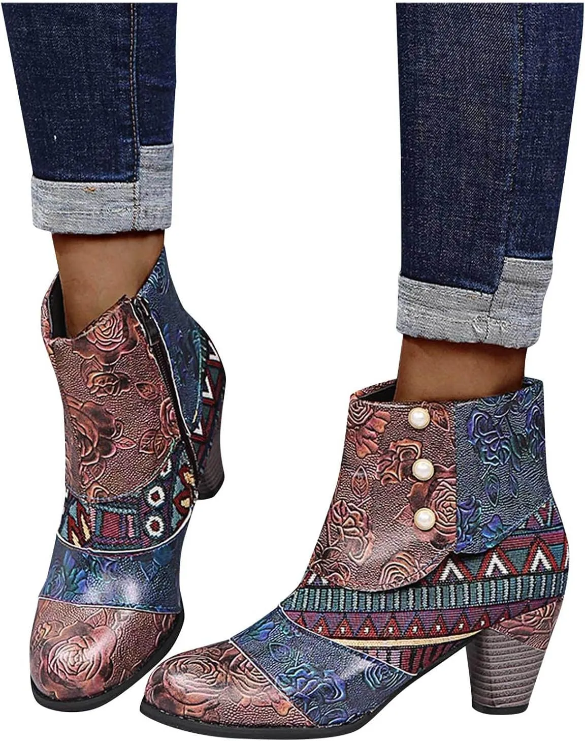 Hbeylia Boots For Women Fashion Snake Leather Round Toe Pump Ankle Booties Trendy Chunky High Heels Dress Short Boots For Ladies