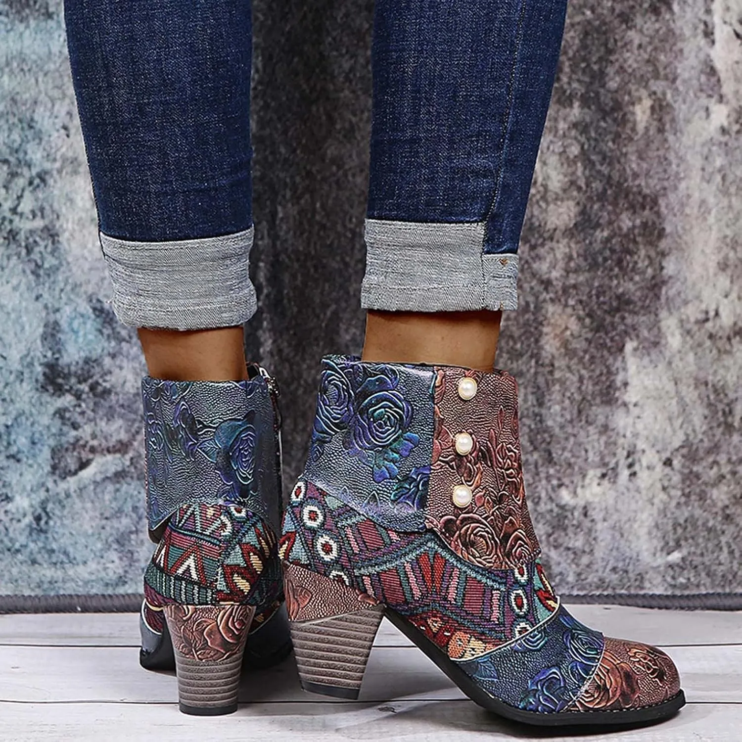 Hbeylia Boots For Women Fashion Snake Leather Round Toe Pump Ankle Booties Trendy Chunky High Heels Dress Short Boots For Ladies
