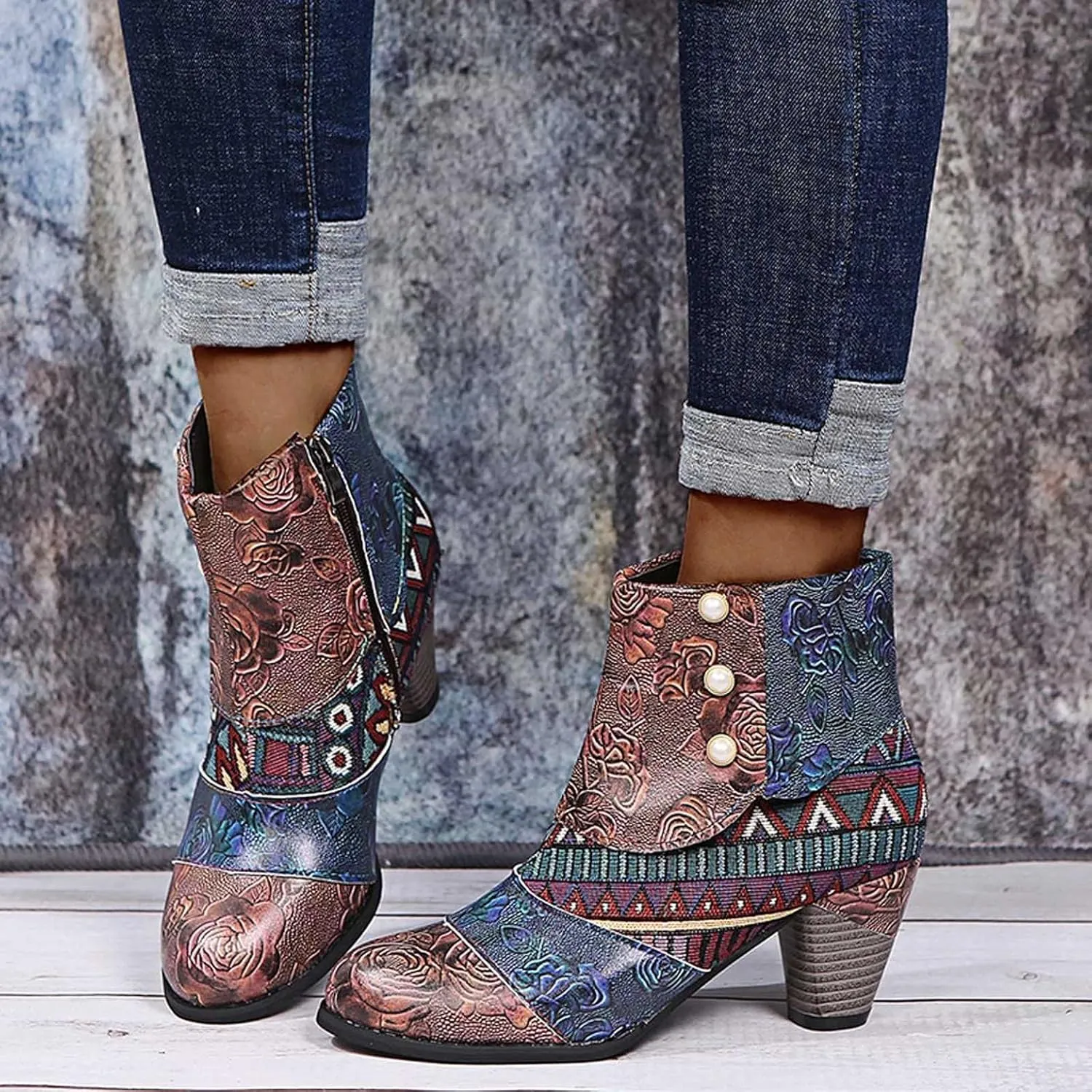 Hbeylia Boots For Women Fashion Snake Leather Round Toe Pump Ankle Booties Trendy Chunky High Heels Dress Short Boots For Ladies