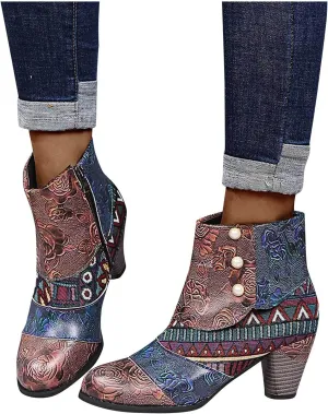 Hbeylia Boots For Women Fashion Snake Leather Round Toe Pump Ankle Booties Trendy Chunky High Heels Dress Short Boots For Ladies