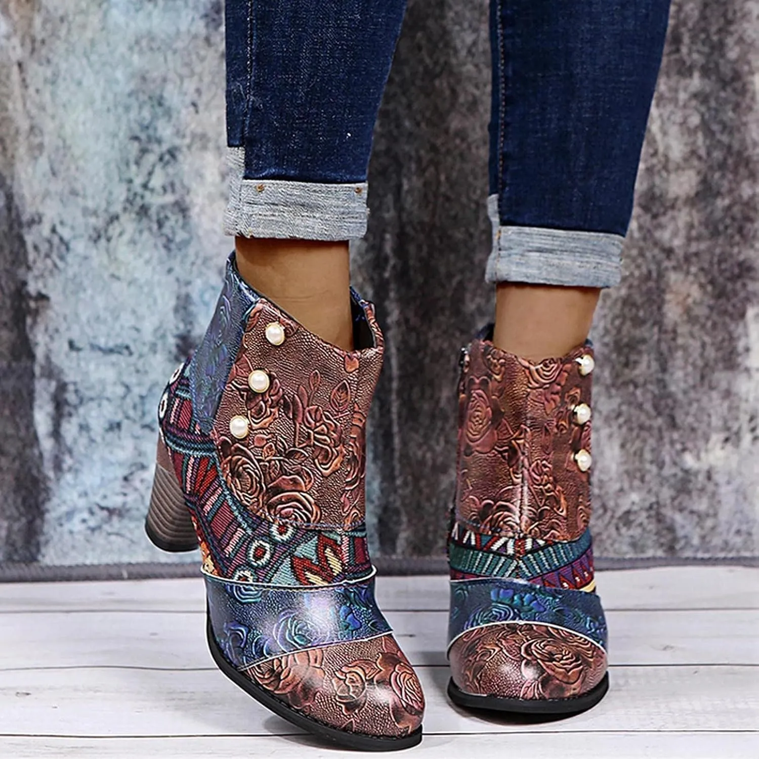 Hbeylia Boots For Women Fashion Snake Leather Round Toe Pump Ankle Booties Trendy Chunky High Heels Dress Short Boots For Ladies
