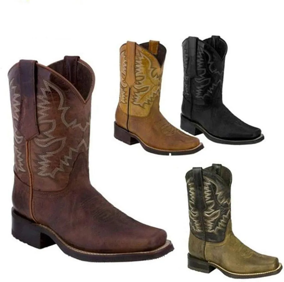 Hbeylia Women's Western Cowboy Cowgirls Boots With Side Zipper Vintage Embroidery Round Toe Chunky Low Heels Wide Mid Calf Boots For Women Riding
