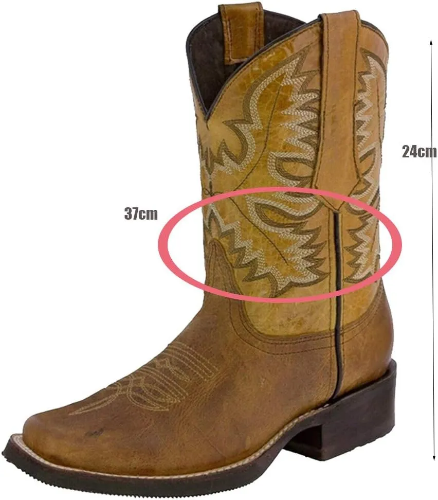 Hbeylia Women's Western Cowboy Cowgirls Boots With Side Zipper Vintage Embroidery Round Toe Chunky Low Heels Wide Mid Calf Boots For Women Riding