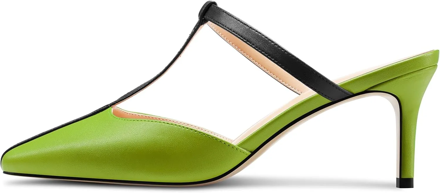 HEUIVZAR Womens Mid Kitten Heel Pointed Toe T-Strap Mules Sandals Slip-on Wedding Cute Summer 2.6 Inches Heels