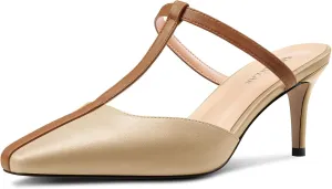 HEUIVZAR Womens Mid Kitten Heel Pointed Toe T-Strap Mules Sandals Slip-on Wedding Cute Summer 2.6 Inches Heels