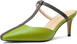 HEUIVZAR Womens Mid Kitten Heel Pointed Toe T-Strap Mules Sandals Slip-on Wedding Cute Summer 2.6 Inches Heels