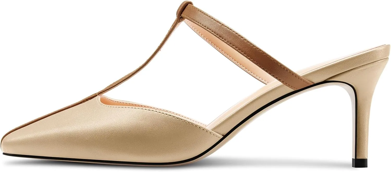 HEUIVZAR Womens Mid Kitten Heel Pointed Toe T-Strap Mules Sandals Slip-on Wedding Cute Summer 2.6 Inches Heels