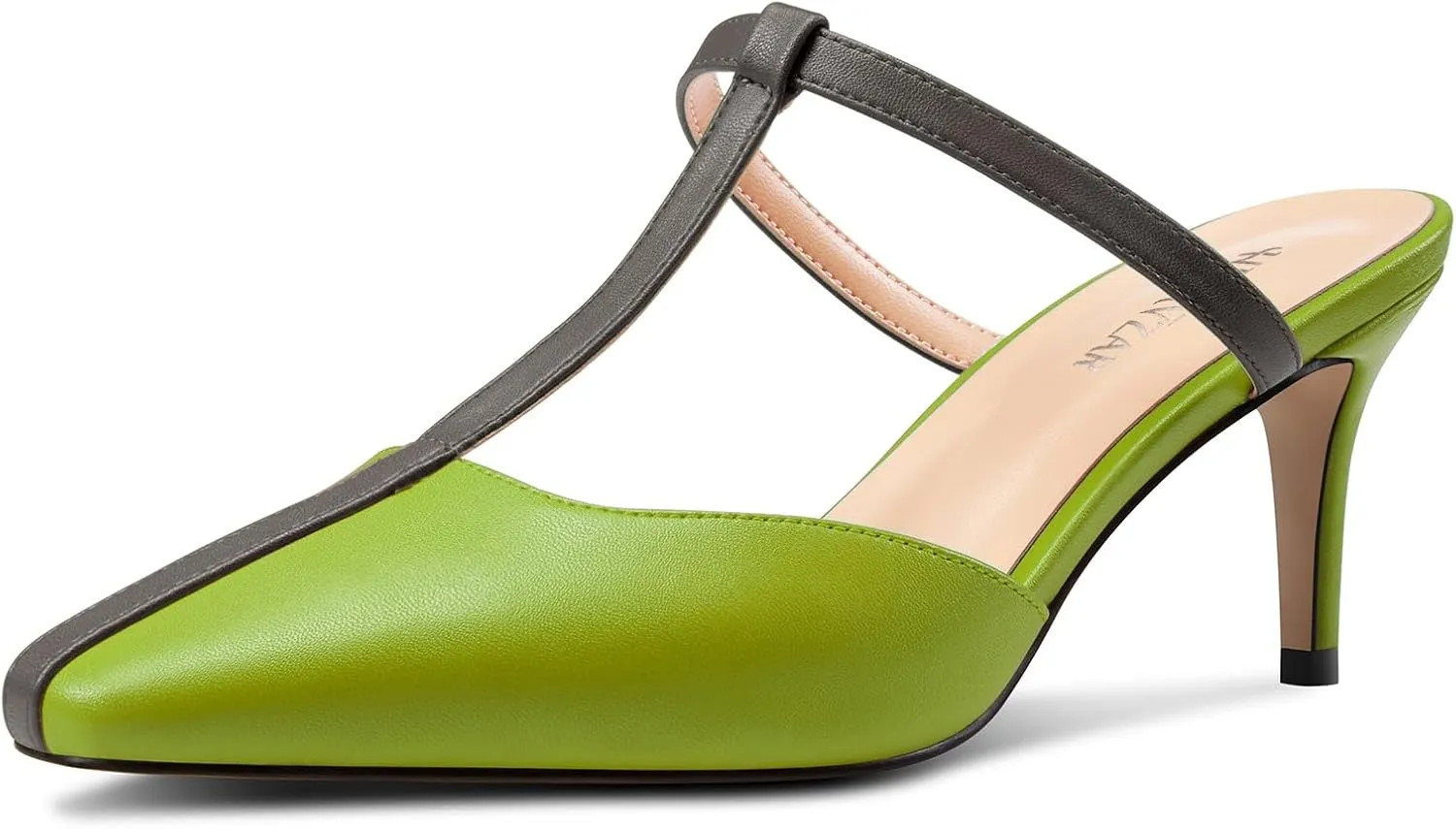 HEUIVZAR Womens Mid Kitten Heel Pointed Toe T-Strap Mules Sandals Slip-on Wedding Cute Summer 2.6 Inches Heels