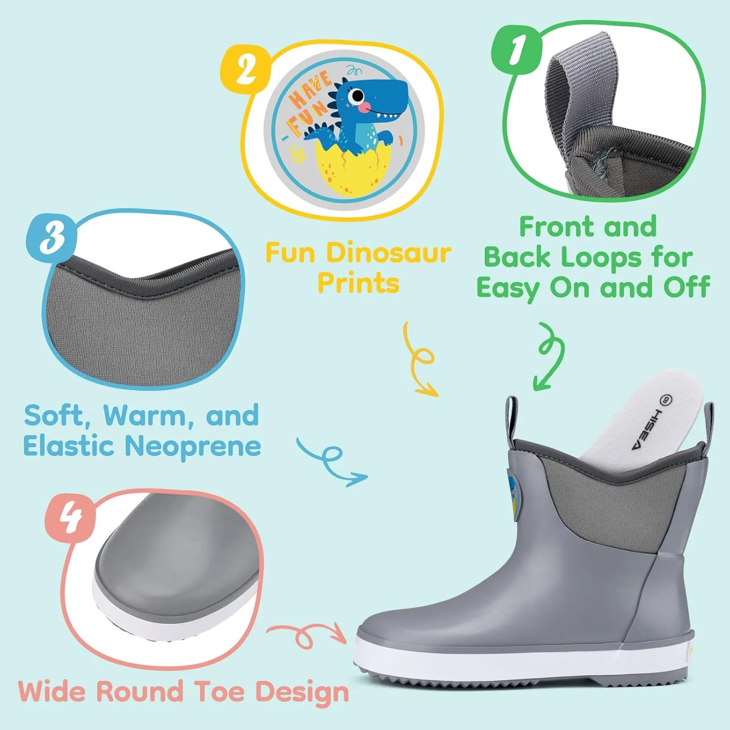 HISEA Kid's Deck Boots Waterproof Lightweight Ankle Rain Boots for Boys Girls Rubber Boots Non-slip Child Rain Shoes