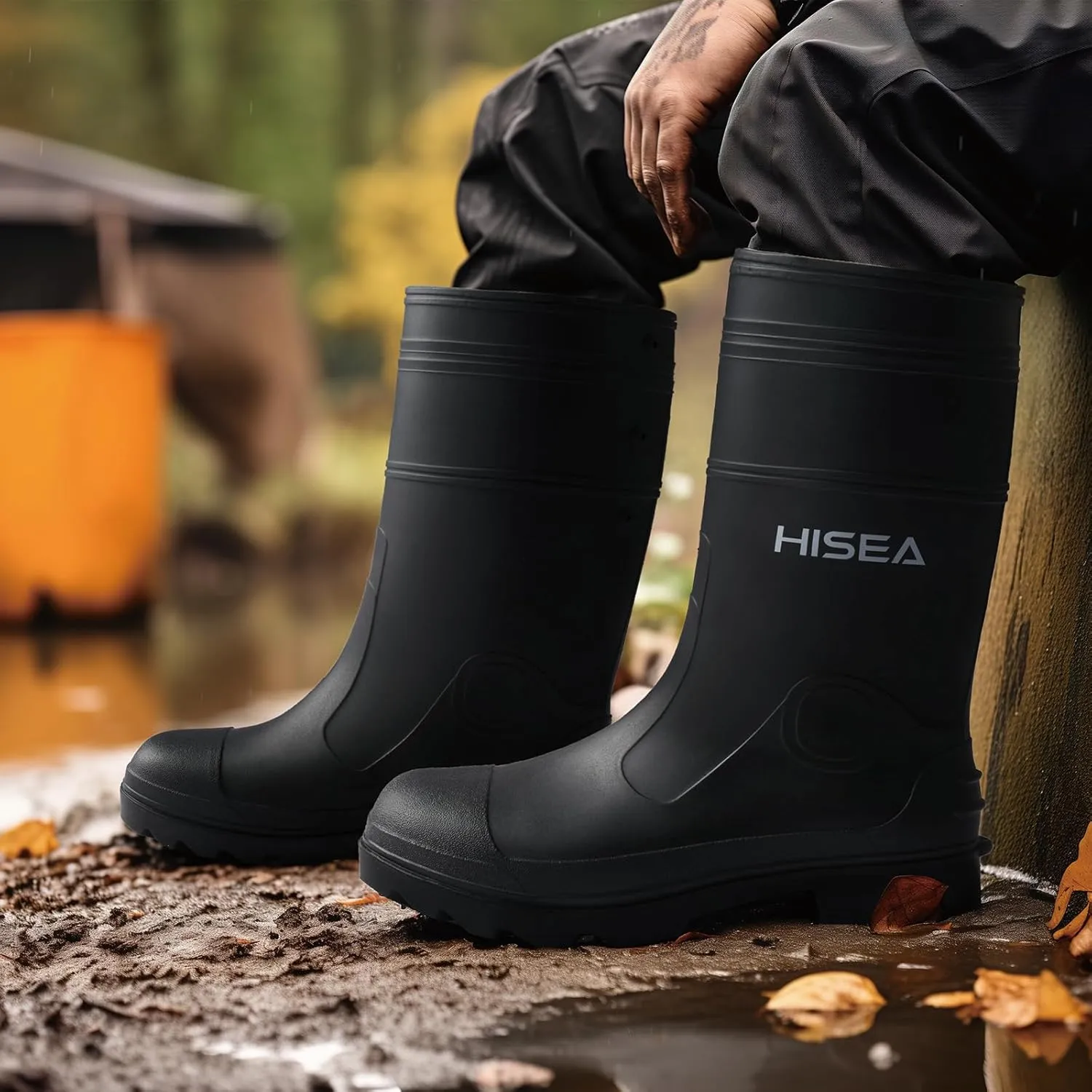 HISEA Men's Rain Boots Waterproof Rubber Boots with Steel Shank Seamless PVC Rainboots Outdoor Work Boots Durable Slip Resistant Fishing Gardening Knee Boot for Agriculture and Industrial Working