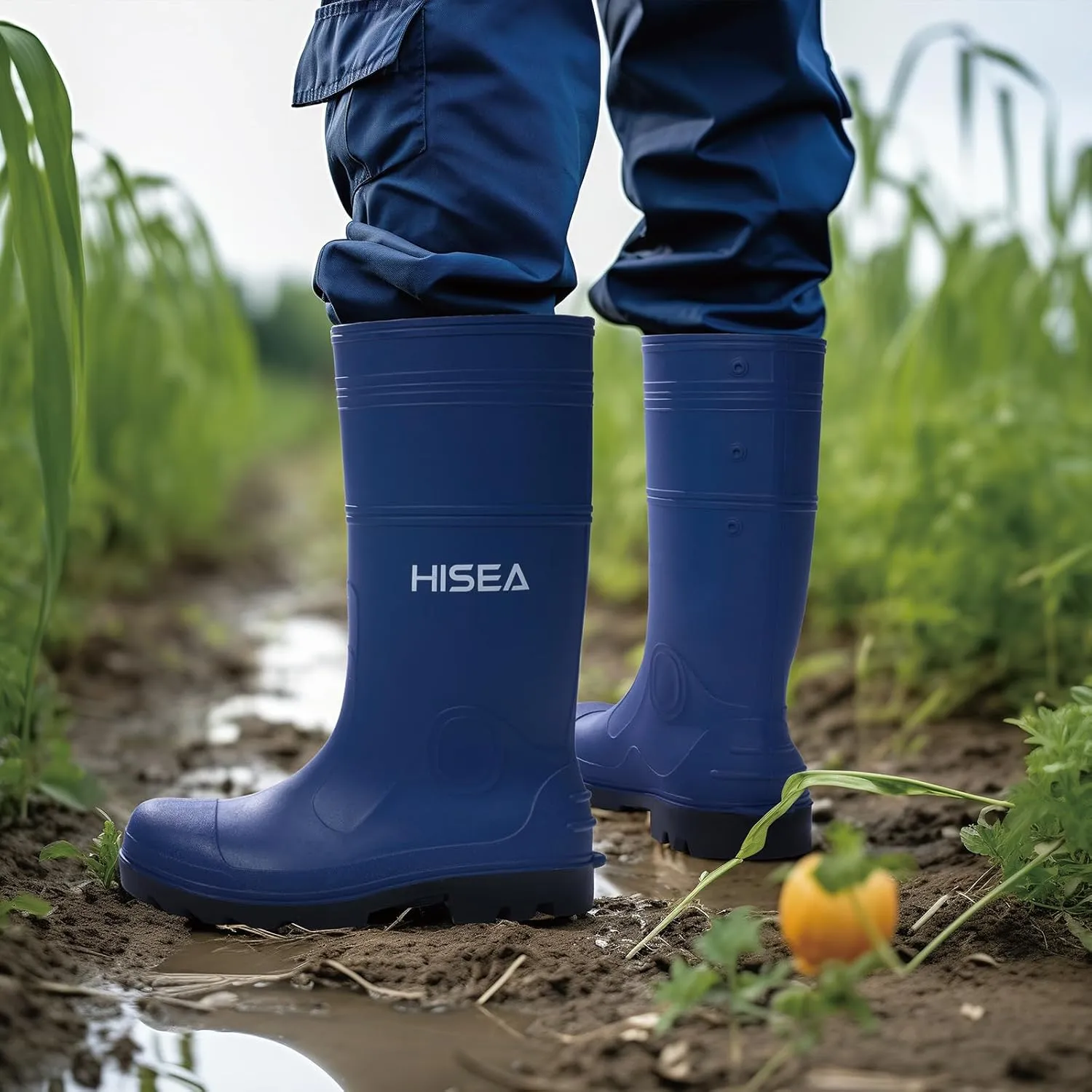 HISEA Men's Rain Boots Waterproof Rubber Boots with Steel Shank Seamless PVC Rainboots Outdoor Work Boots Durable Slip Resistant Fishing Gardening Knee Boot for Agriculture and Industrial Working