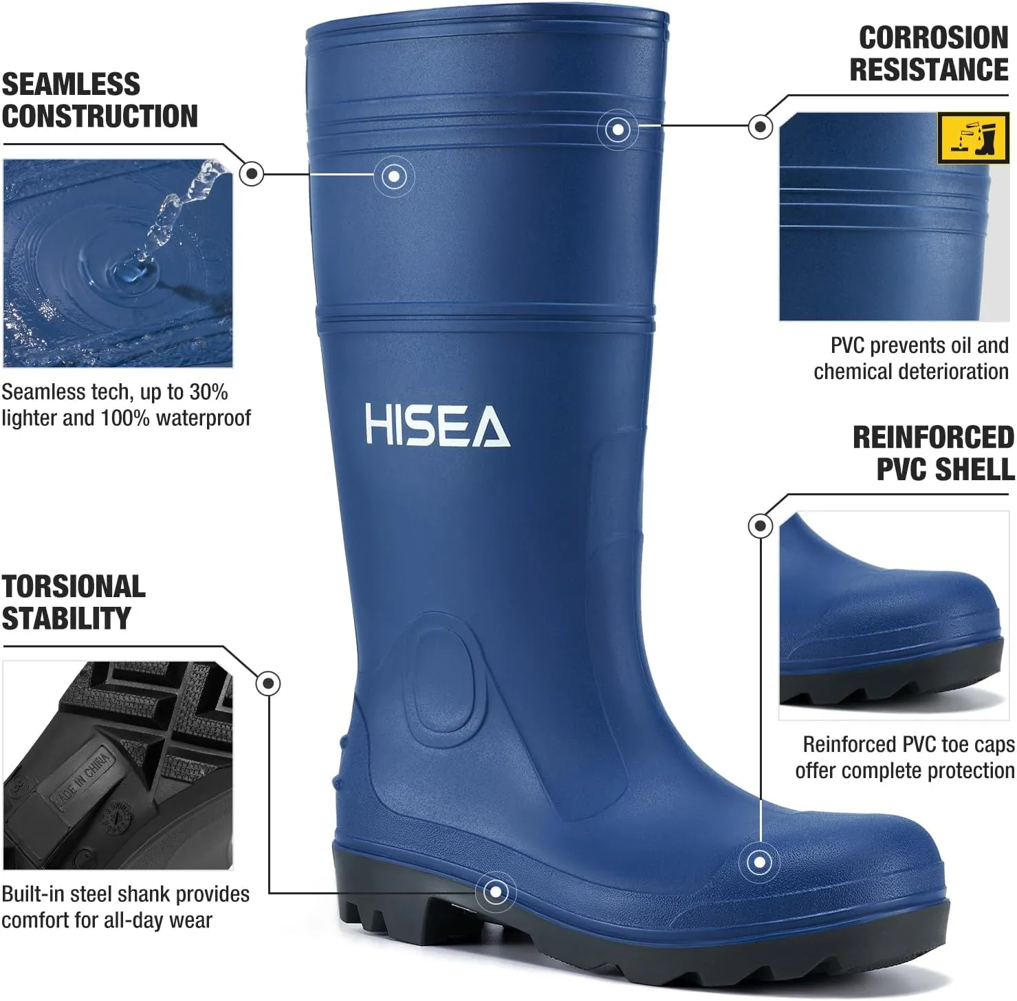 HISEA Men's Rain Boots Waterproof Rubber Boots with Steel Shank Seamless PVC Rainboots Outdoor Work Boots Durable Slip Resistant Fishing Gardening Knee Boot for Agriculture and Industrial Working