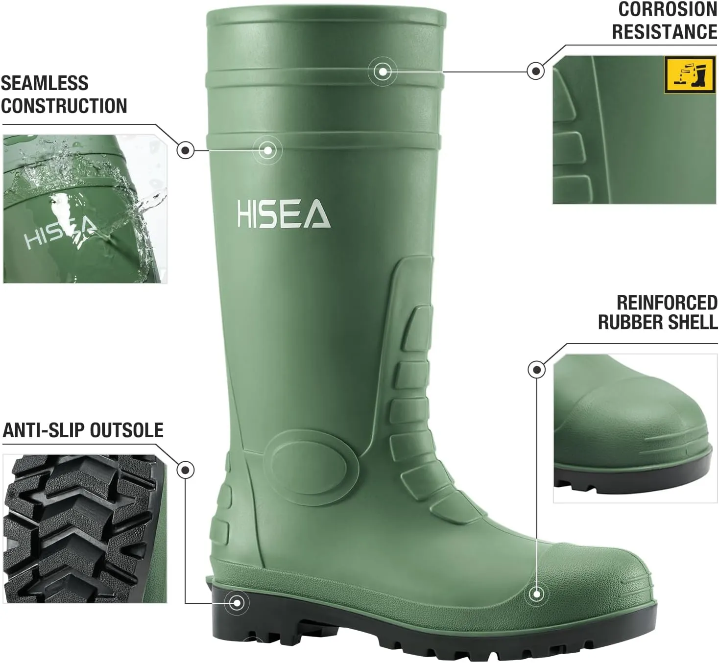 HISEA Men's Rain Boots with Steel Shank, Waterproof Rubber Boots Protective Footwear Seamless PVC Rainboots Outdoor Work Boots Durable Garden Fishing Tall Knee Boot for Agriculture and Industrial Working