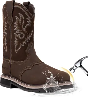 HISEA NINGO Men's Western Cowboy Boots Waterproof Square Toe Steel/Soft Toe Work Boots Men's Slip On Pull On Safety Toe Leather Work Boots for Construction Farming