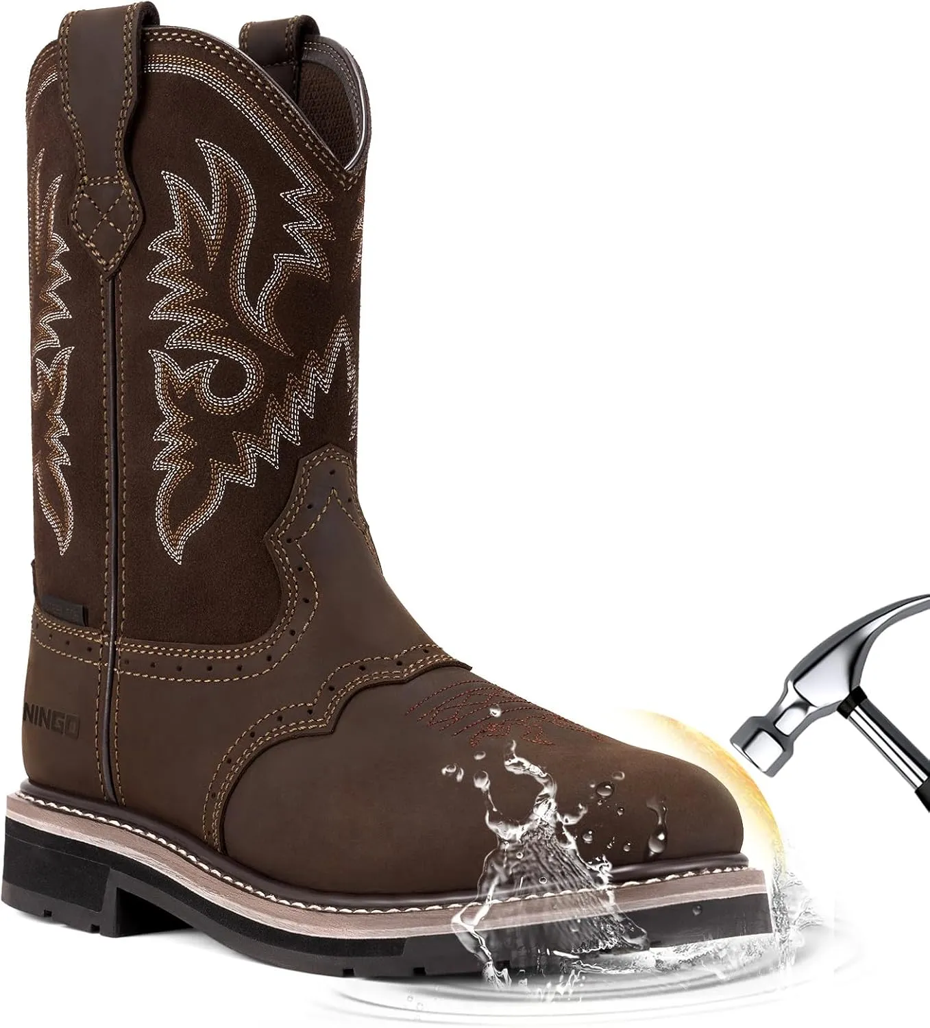 HISEA NINGO Men's Western Cowboy Boots Waterproof Square Toe Steel/Soft Toe Work Boots Men's Slip On Pull On Safety Toe Leather Work Boots for Construction Farming