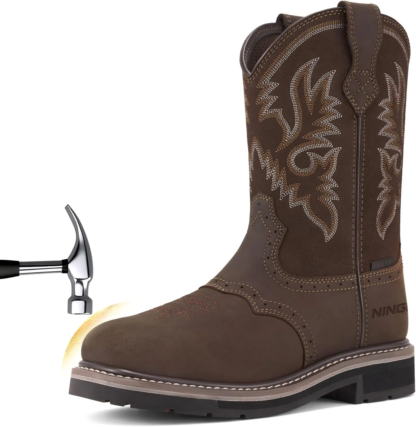 HISEA NINGO Men's Western Cowboy Boots Waterproof Square Toe Steel/Soft Toe Work Boots Men's Slip On Pull On Safety Toe Leather Work Boots for Construction Farming