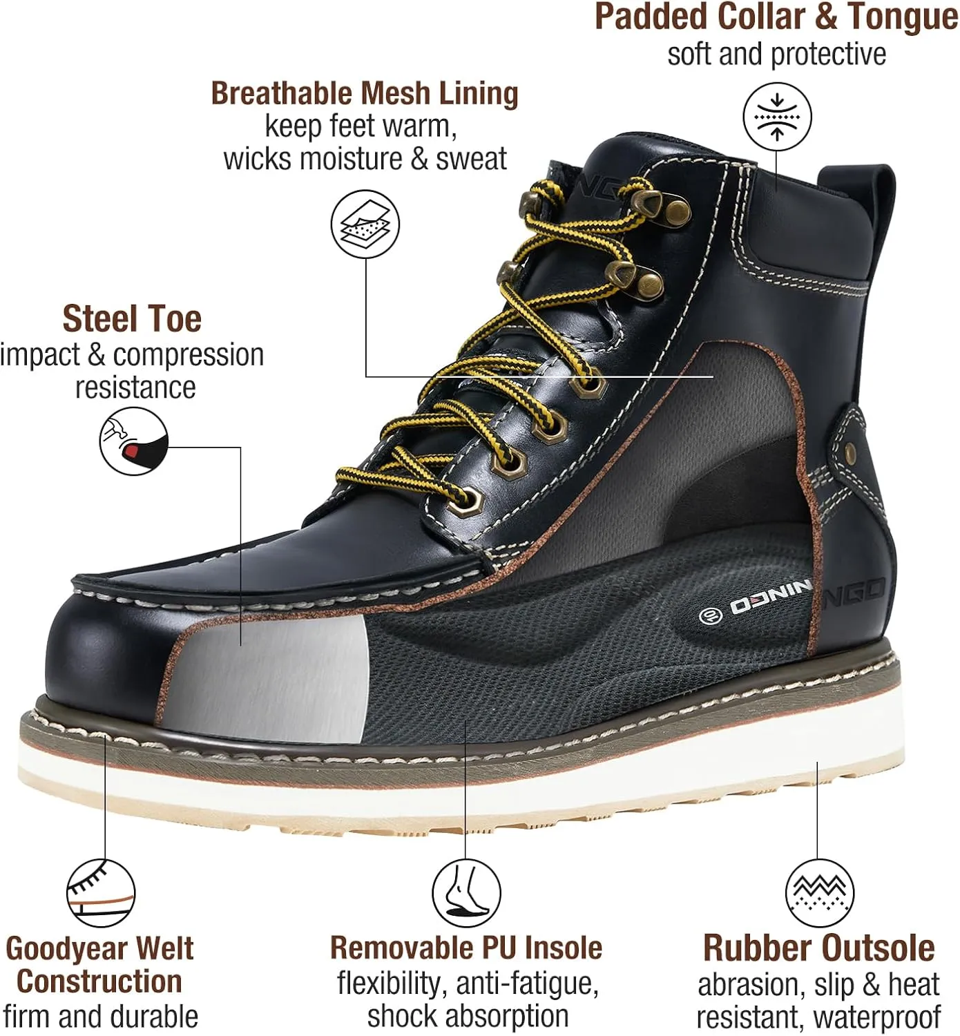 HISEA NINGO Work Boots for Men Steel/Soft Toe Boots, 6” Waterproof Slip Resistant Industrial & Construction Work Boots, Composite Toe Working Boots