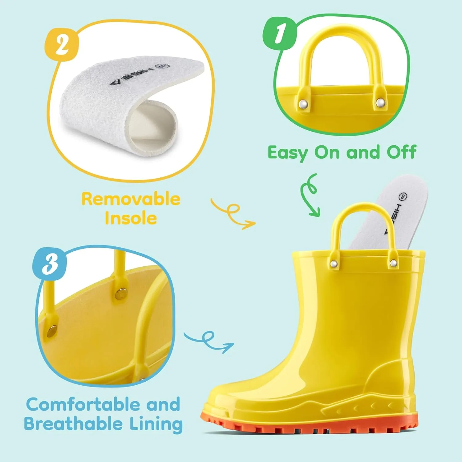 HISEA Toddler Kids Rain Boots for Boys Girls, Waterproof Rubber Boots with Easy-On Handles, Seamless Soft PVC Rainboots Lightweight Mud Shoes for Water Beach Outdoor Playing (Toddler/Little Kid/Big Kid)