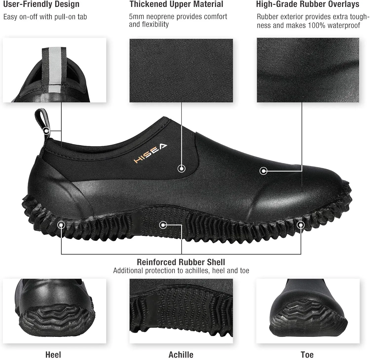 HISEA Unisex Waterproof Garden Shoes, Men's Rubber Rain Boots Women's Ankle Rain Shoes Neoprene Camp Booties Outdoor Slip-On Rain Footwear for Gardening, Farming, Camping, Car Wash, Lawn Care and Yard Work