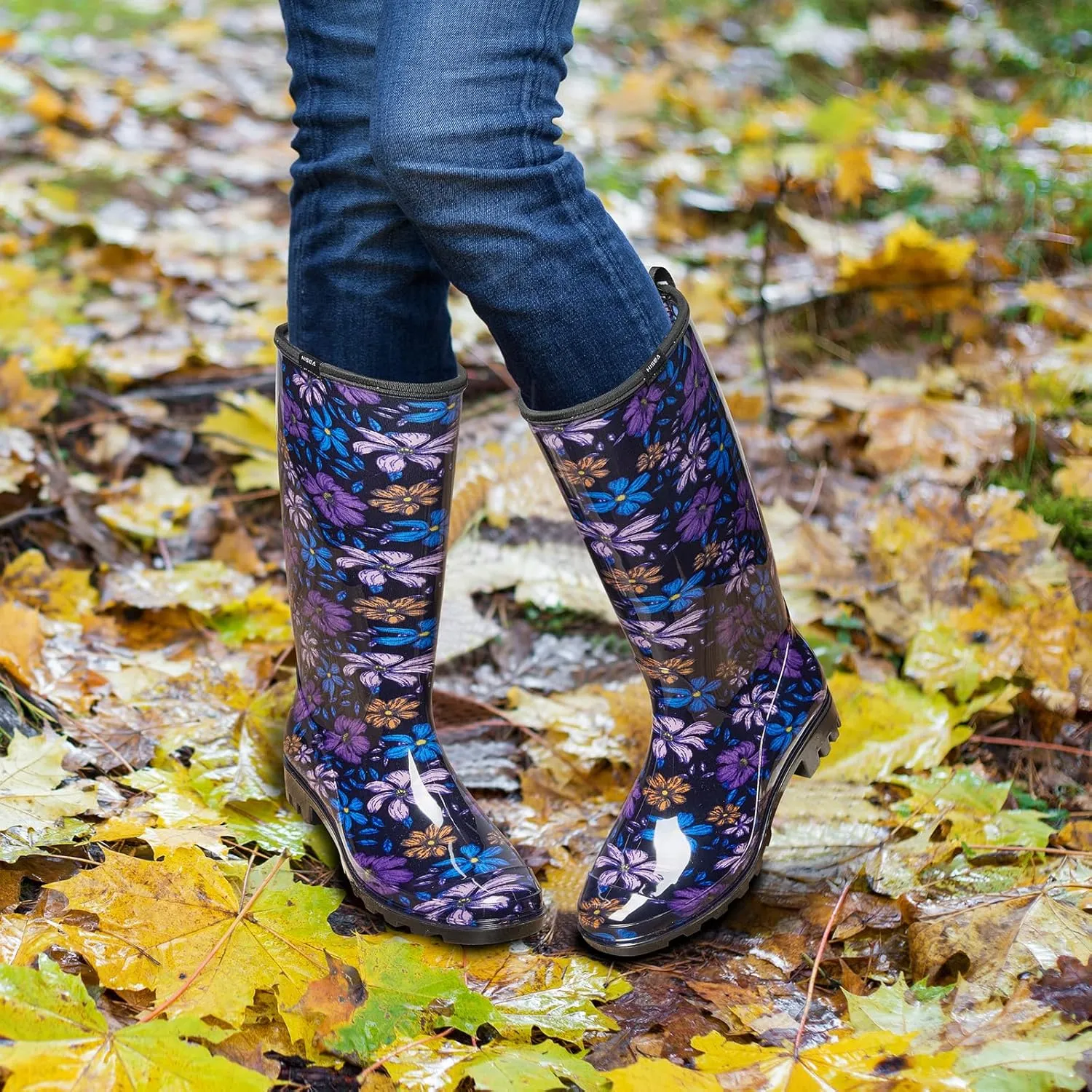 HISEA Women's Rain Boots Waterproof Garden Shoes Colorful Printed Knee High Rubber Boots Anti-Slipping Rainboots for Ladies with Comfort Insole Tall Wellington Rain Shoes