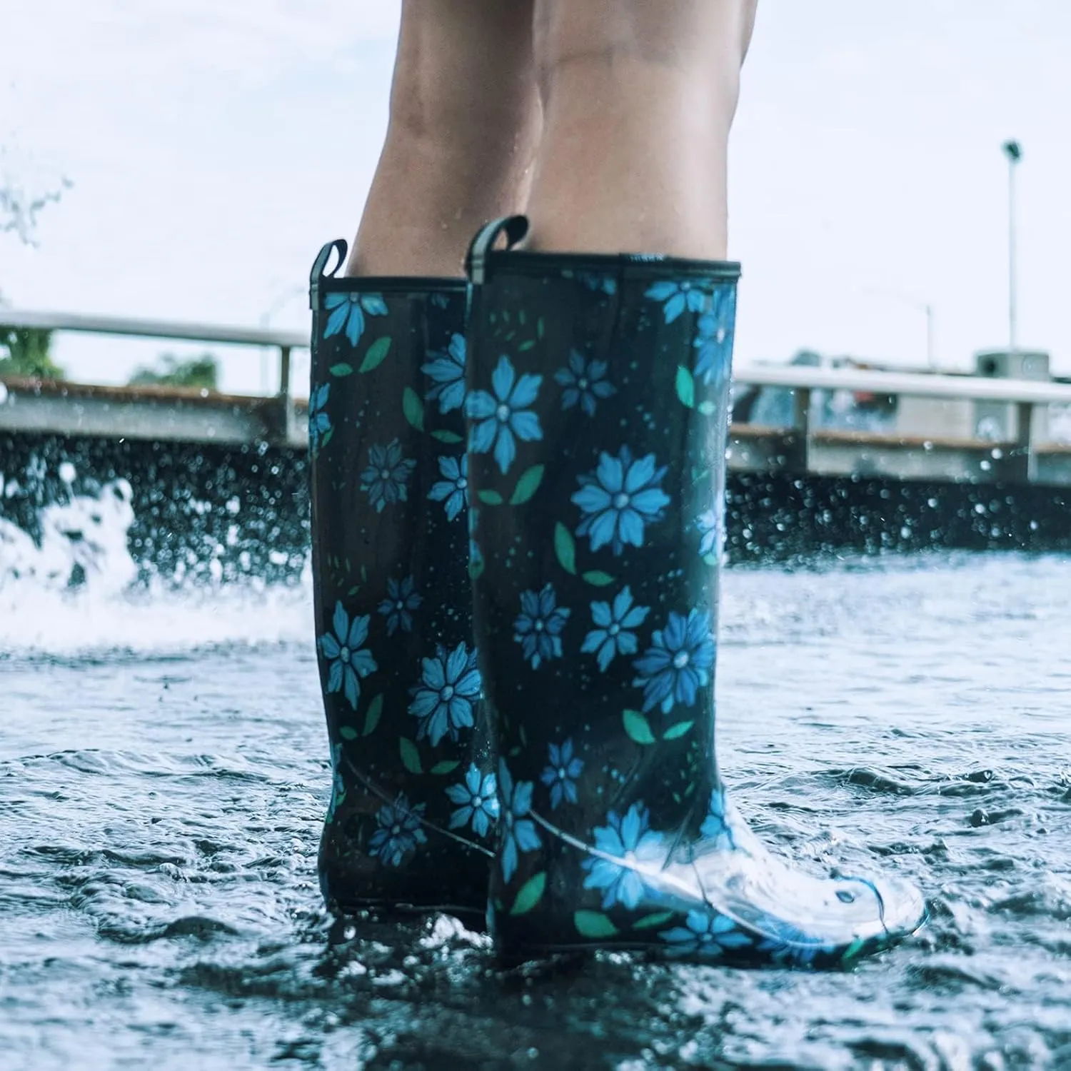 HISEA Women's Rain Boots Waterproof Garden Shoes Colorful Printed Knee High Rubber Boots Anti-Slipping Rainboots for Ladies with Comfort Insole Tall Wellington Rain Shoes