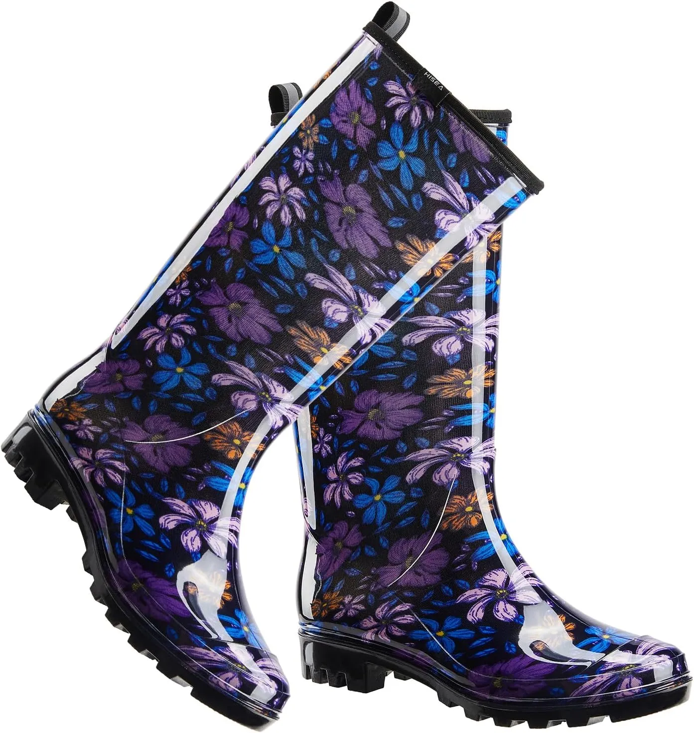 HISEA Women's Rain Boots Waterproof Garden Shoes Colorful Printed Knee High Rubber Boots Anti-Slipping Rainboots for Ladies with Comfort Insole Tall Wellington Rain Shoes