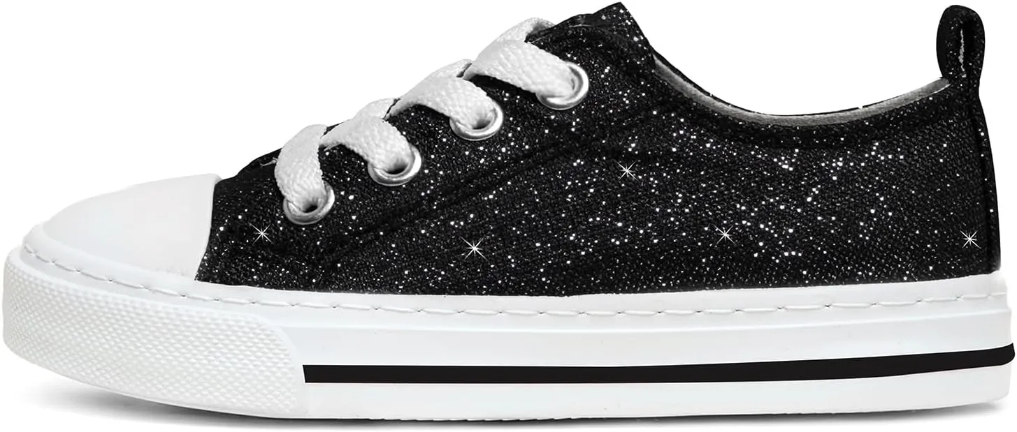 HugRain Little Girls Kids Classic Sparkle Low Top Lace Up Sneakers Walking Shoes
