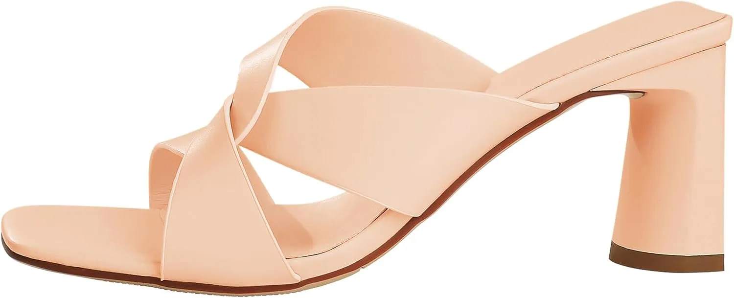 Husmeu Women's High Heeled Sandals for Women Dreesey Summer Mules Square Toe Slip on Heels Chunky Block Heels Sandals