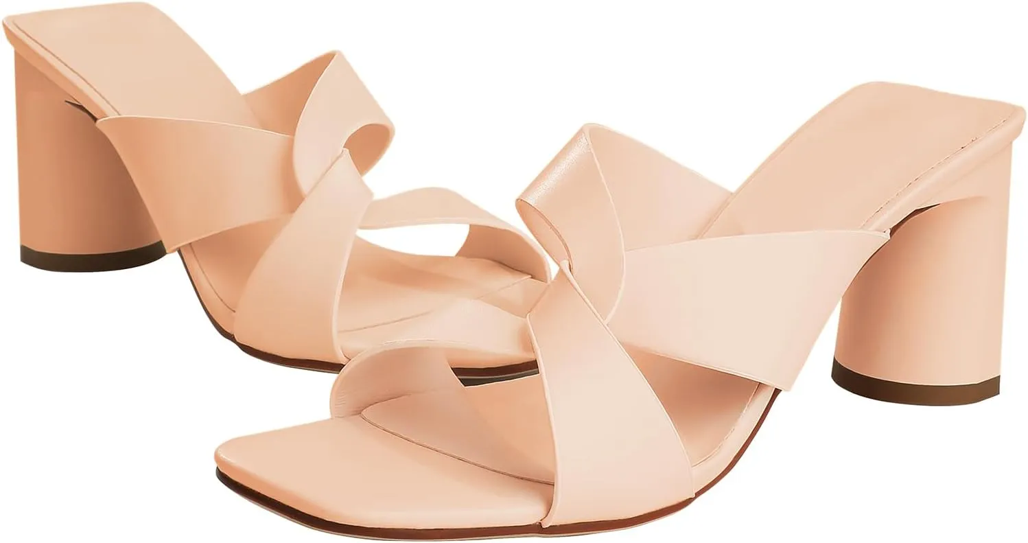 Husmeu Women's High Heeled Sandals for Women Dreesey Summer Mules Square Toe Slip on Heels Chunky Block Heels Sandals