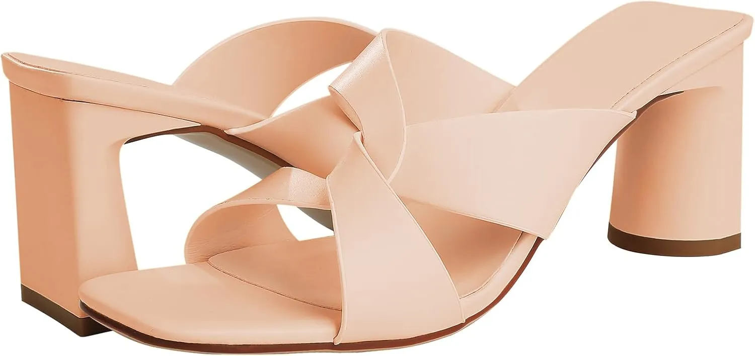 Husmeu Women's High Heeled Sandals for Women Dreesey Summer Mules Square Toe Slip on Heels Chunky Block Heels Sandals