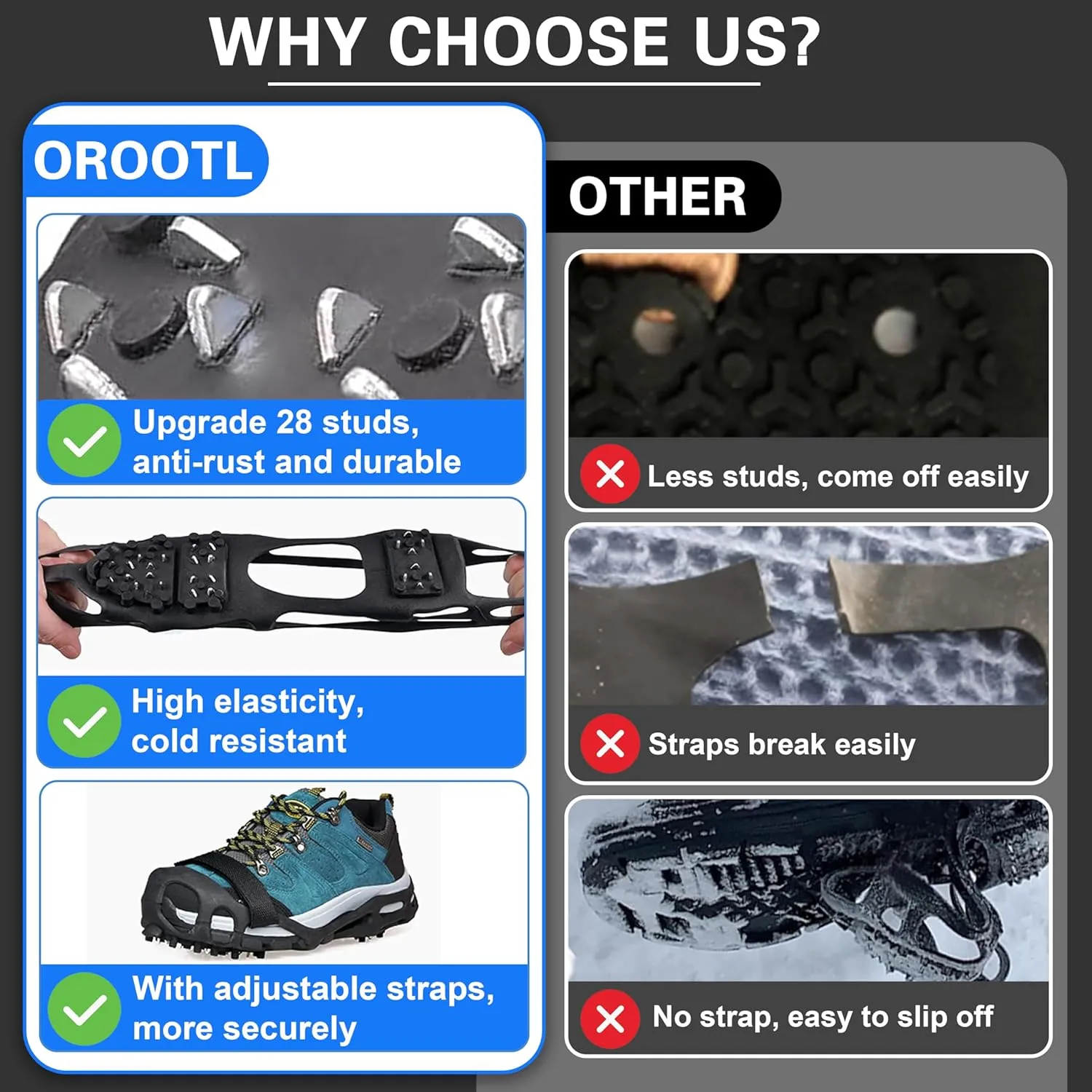 Ice Cleats for Shoes and Boots, Non Slip Ice Shoes Grippers 28 Studs Snow Cleats Crampons for Women Men Ice & Snow Cleats with Adjustable Straps for Winter Hiking Walking Ice Fishing