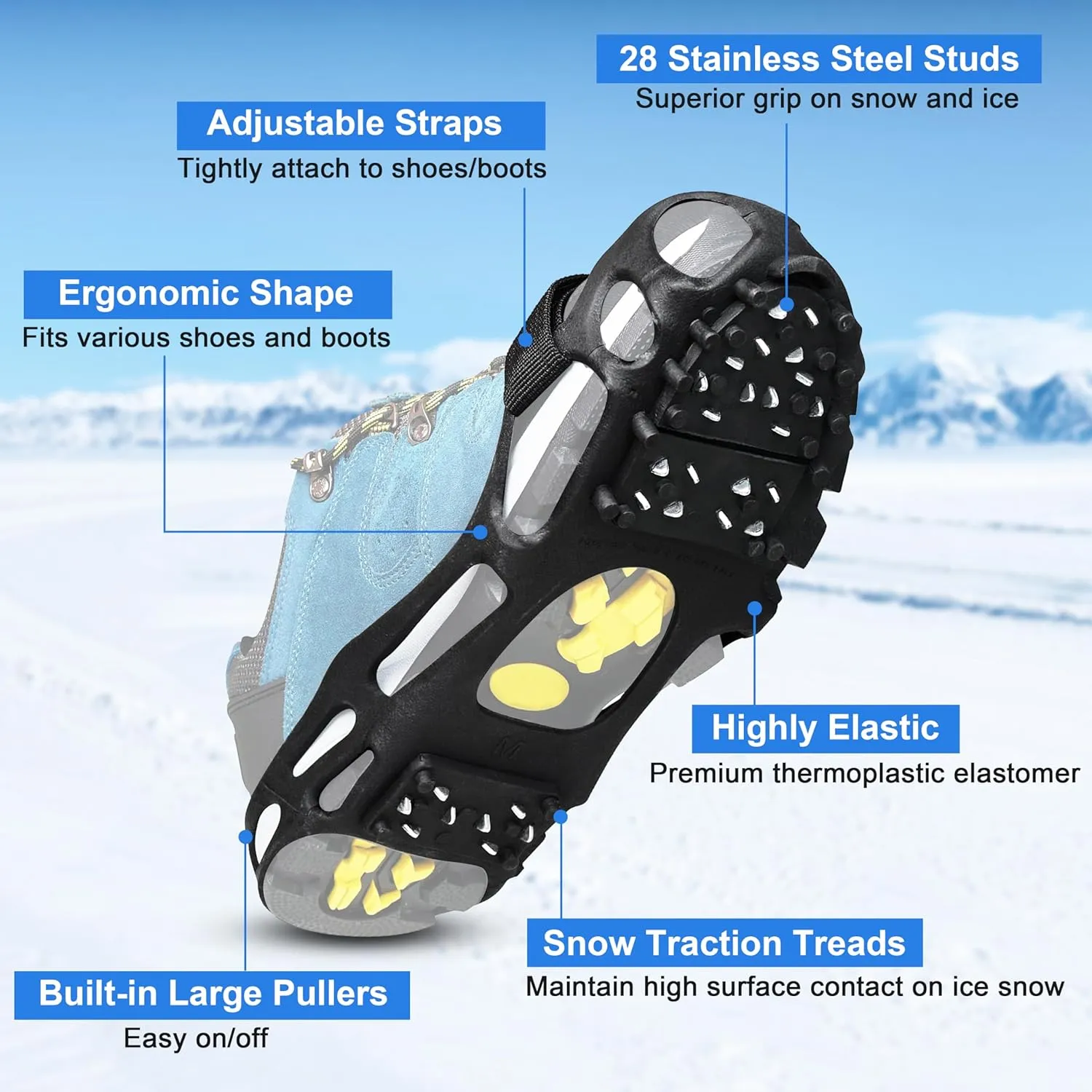 Ice Cleats for Shoes and Boots, Non Slip Ice Shoes Grippers 28 Studs Snow Cleats Crampons for Women Men Ice & Snow Cleats with Adjustable Straps for Winter Hiking Walking Ice Fishing