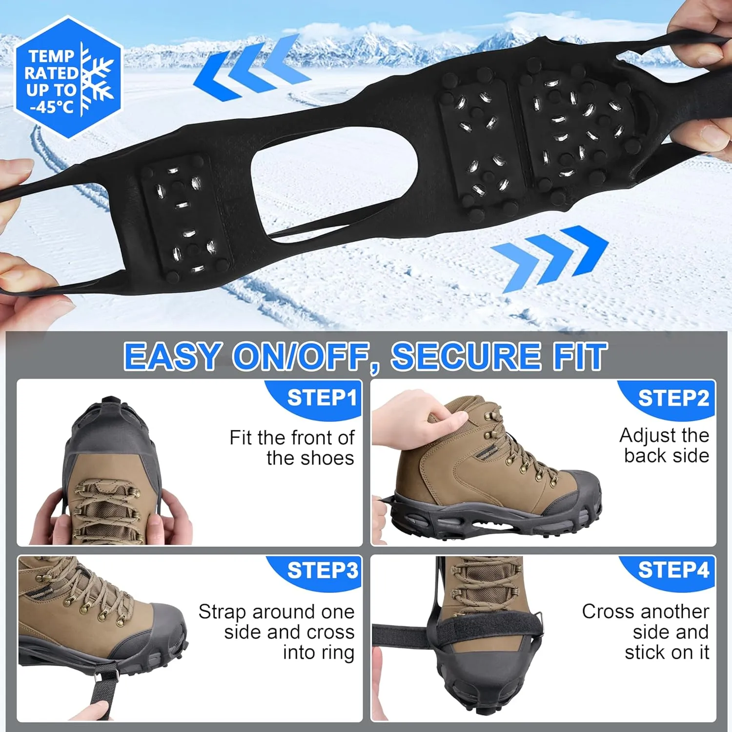 Ice Cleats for Shoes and Boots, Non Slip Ice Shoes Grippers 28 Studs Snow Cleats Crampons for Women Men Ice & Snow Cleats with Adjustable Straps for Winter Hiking Walking Ice Fishing