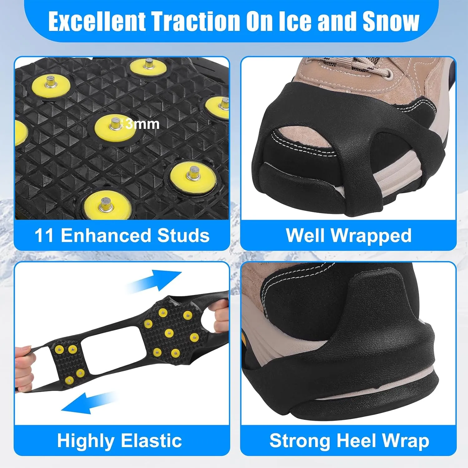 Ice Cleats Snow Traction Cleats for Shoes and Boots Anti Slip Crampons 11 Studs Rubber Walk Traction Grippers Non-Slip Overshoe for Women Men Walking on Snow and Ice