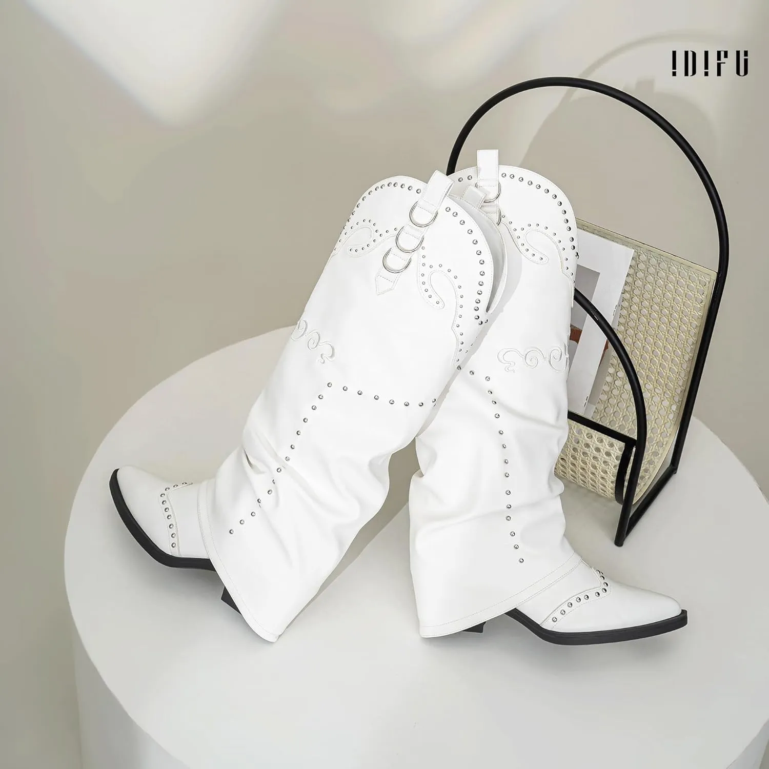 IDIFU IN2 Fold Over Cowboy Boots for Women Cowgirl Knee High Western Embroidered Pointed Toe Slouchy Low Short Block Chunky Heel Zipper Comfort Fashion Cute Trendy Prom Dressy Fall Boots