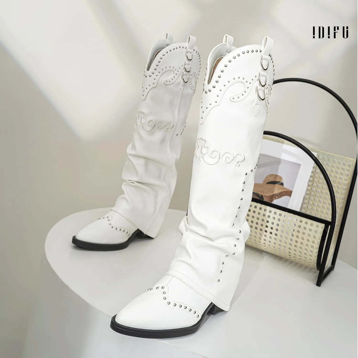 IDIFU IN2 Fold Over Cowboy Boots for Women Cowgirl Knee High Western Embroidered Pointed Toe Slouchy Low Short Block Chunky Heel Zipper Comfort Fashion Cute Trendy Prom Dressy Fall Boots