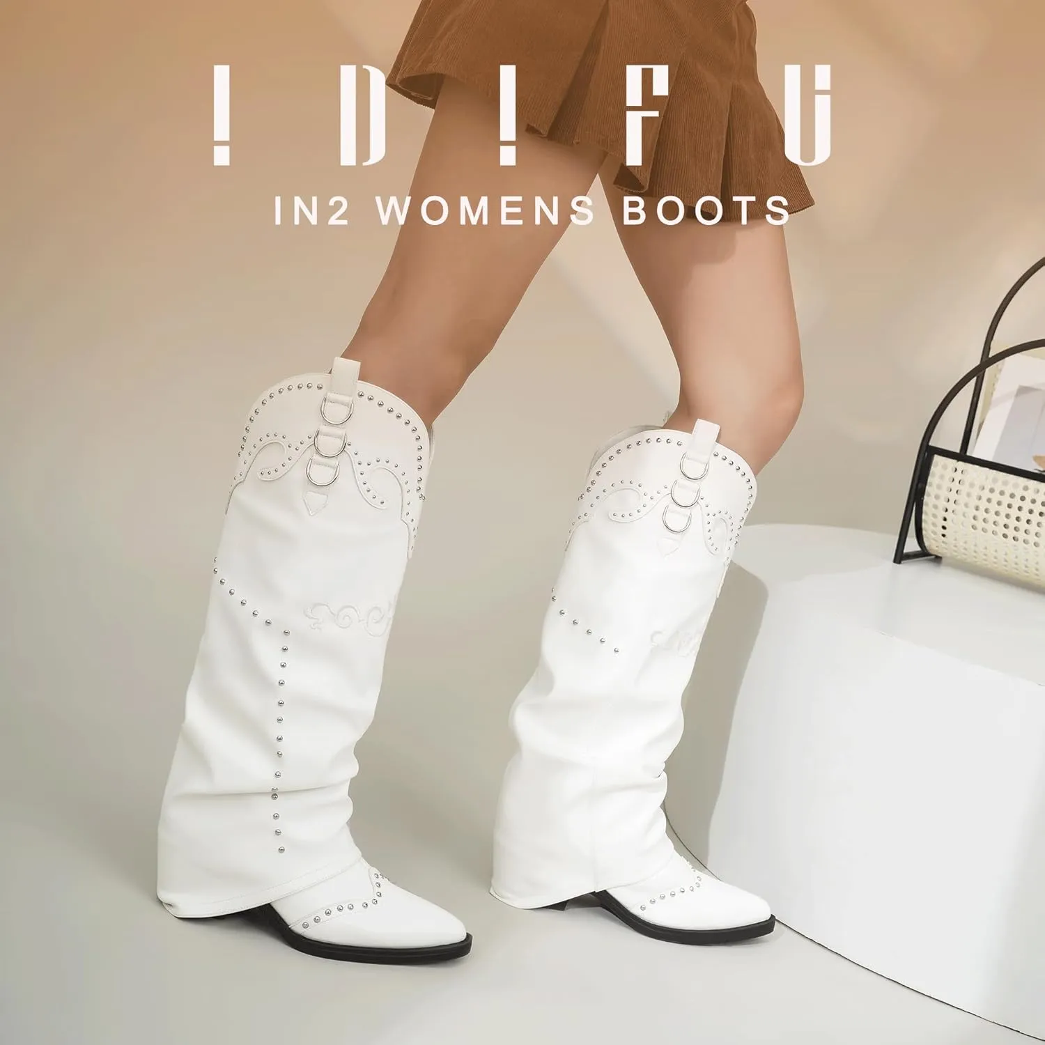 IDIFU IN2 Fold Over Cowboy Boots for Women Cowgirl Knee High Western Embroidered Pointed Toe Slouchy Low Short Block Chunky Heel Zipper Comfort Fashion Cute Trendy Prom Dressy Fall Boots