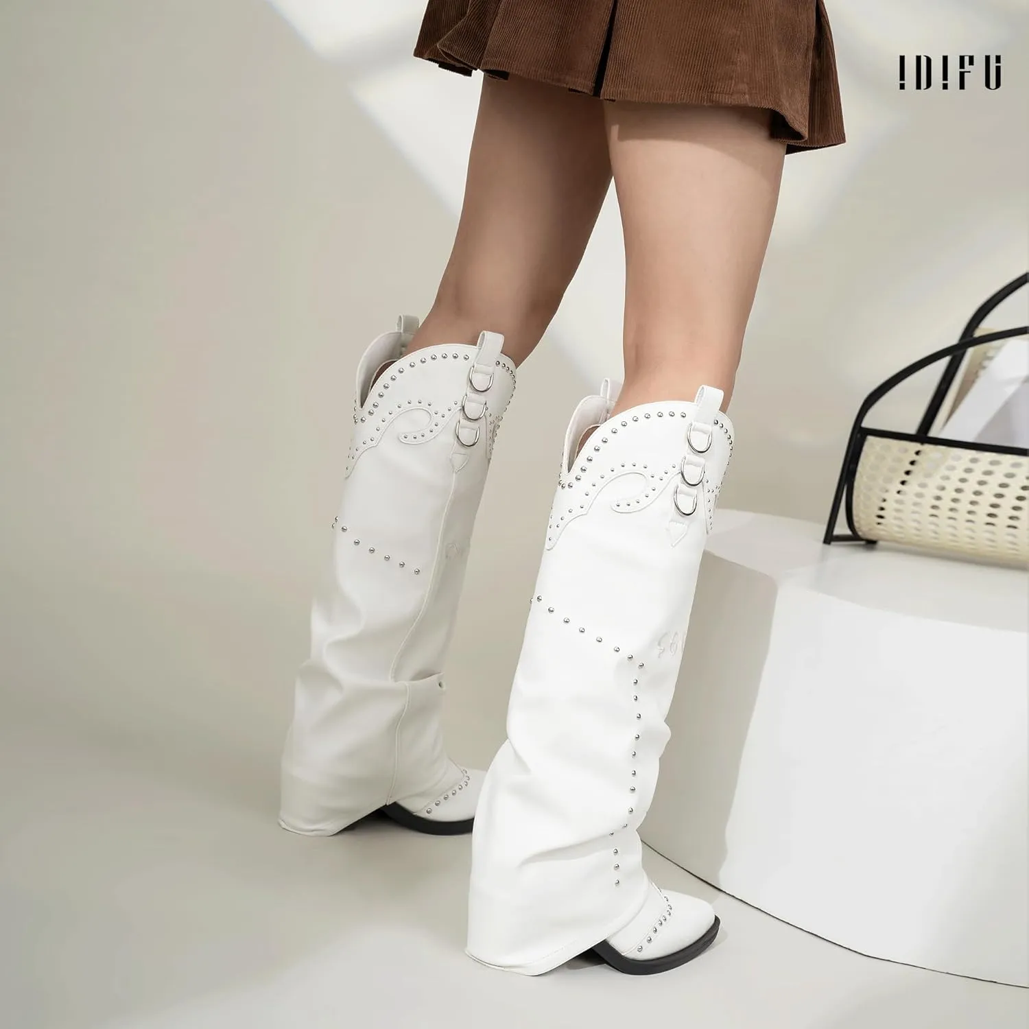 IDIFU IN2 Fold Over Cowboy Boots for Women Cowgirl Knee High Western Embroidered Pointed Toe Slouchy Low Short Block Chunky Heel Zipper Comfort Fashion Cute Trendy Prom Dressy Fall Boots