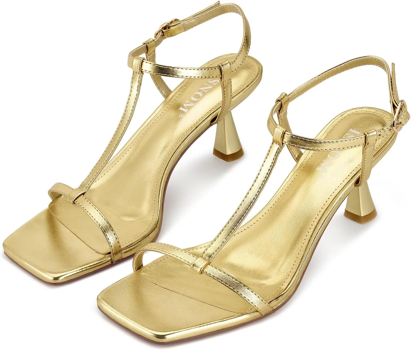 ISNOM Strappy Heels for Women T-strap Heeled Sandals Open Square Toe Kitten Heels Ankle Strap Sandals for Date Party Prom