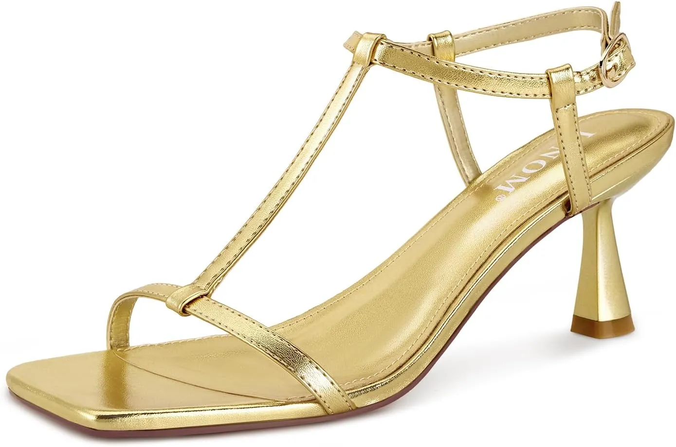 ISNOM Strappy Heels for Women T-strap Heeled Sandals Open Square Toe Kitten Heels Ankle Strap Sandals for Date Party Prom