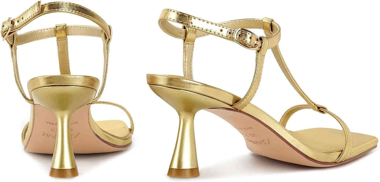 ISNOM Strappy Heels for Women T-strap Heeled Sandals Open Square Toe Kitten Heels Ankle Strap Sandals for Date Party Prom