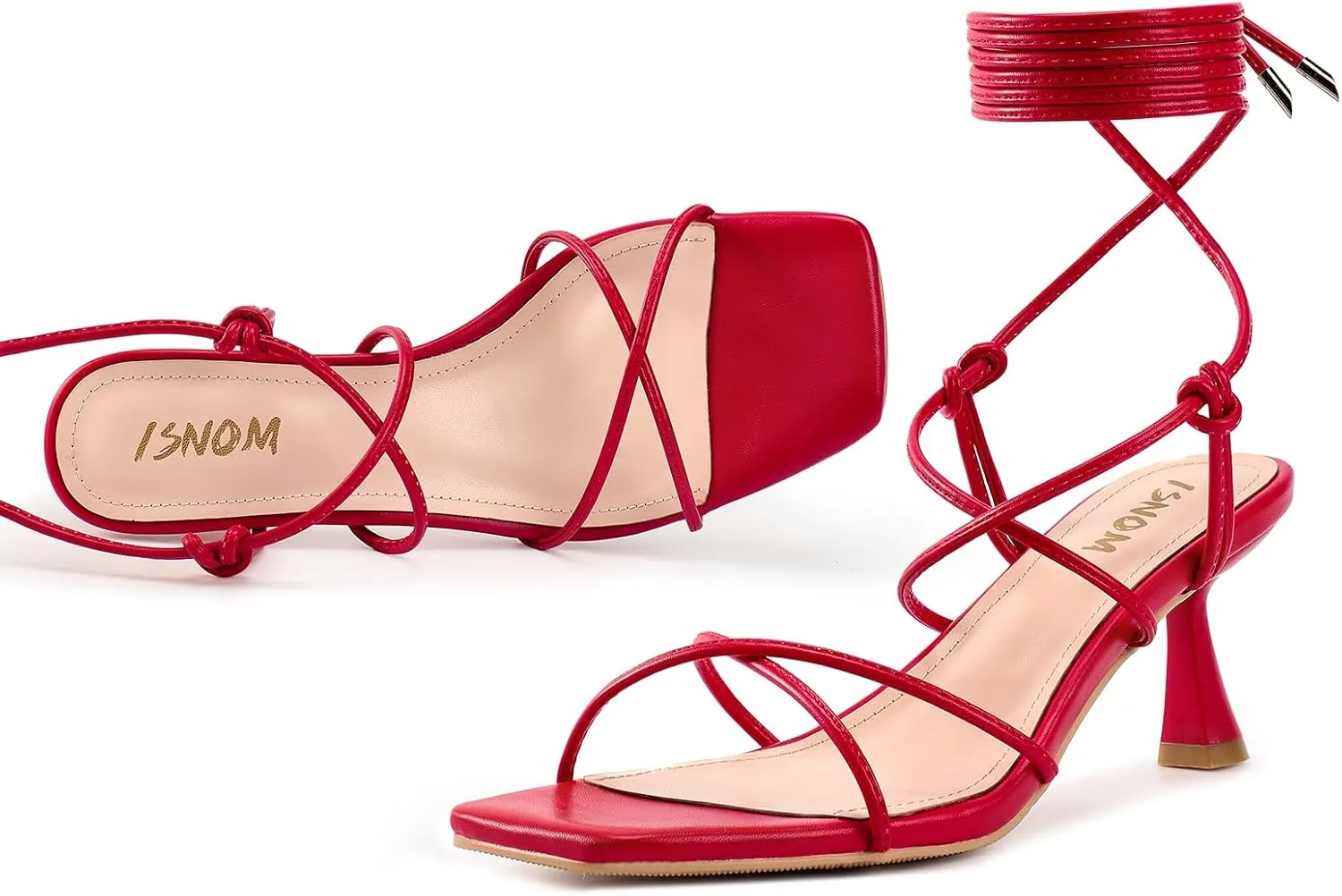 ISNOM Strappy Sandals for Women Kitten Heels Lace Up Heels Stiletto Heels Wrap Around Heels with Square Toe