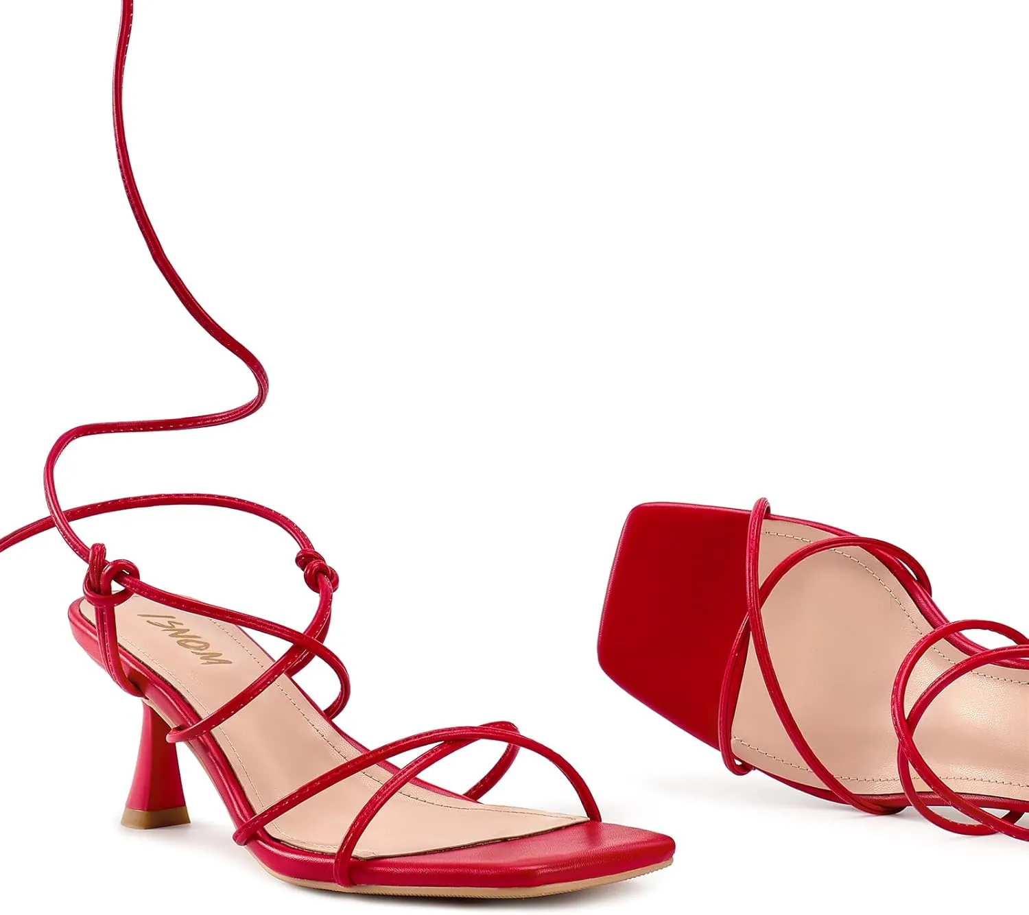 ISNOM Strappy Sandals for Women Kitten Heels Lace Up Heels Stiletto Heels Wrap Around Heels with Square Toe