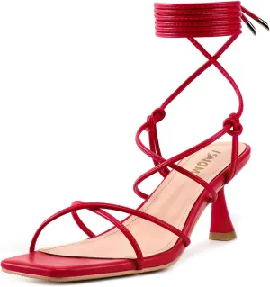 ISNOM Strappy Sandals for Women Kitten Heels Lace Up Heels Stiletto Heels Wrap Around Heels with Square Toe