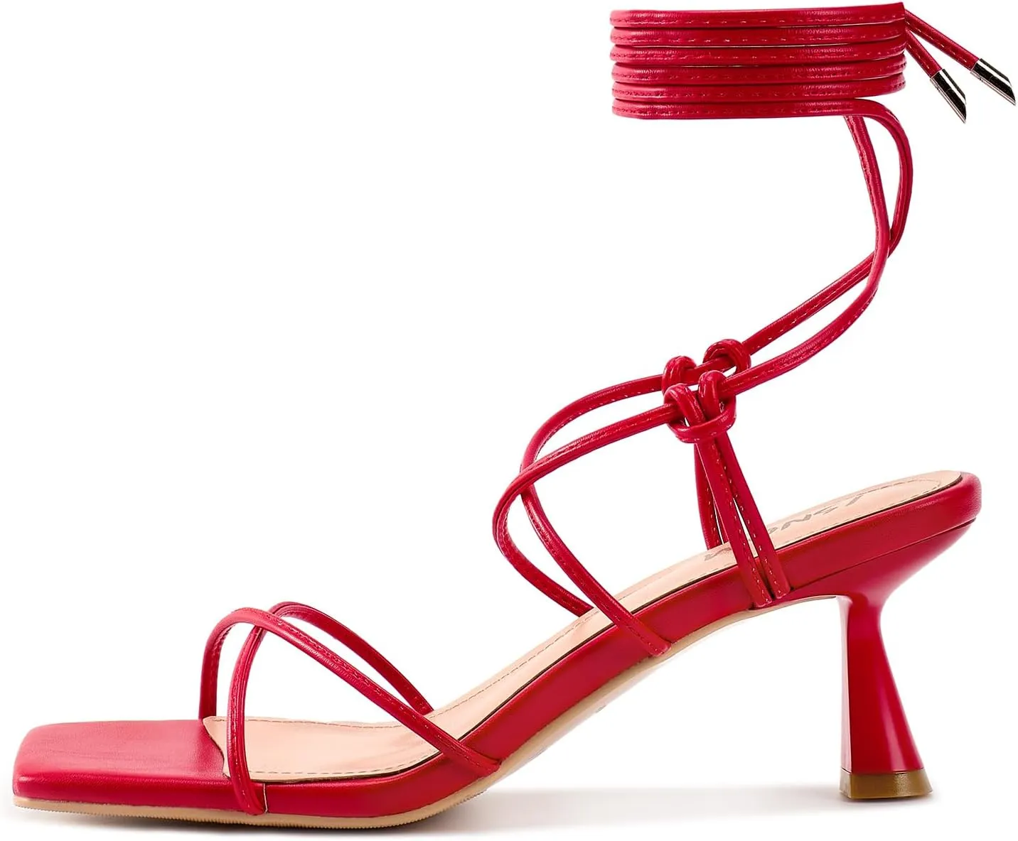 ISNOM Strappy Sandals for Women Kitten Heels Lace Up Heels Stiletto Heels Wrap Around Heels with Square Toe
