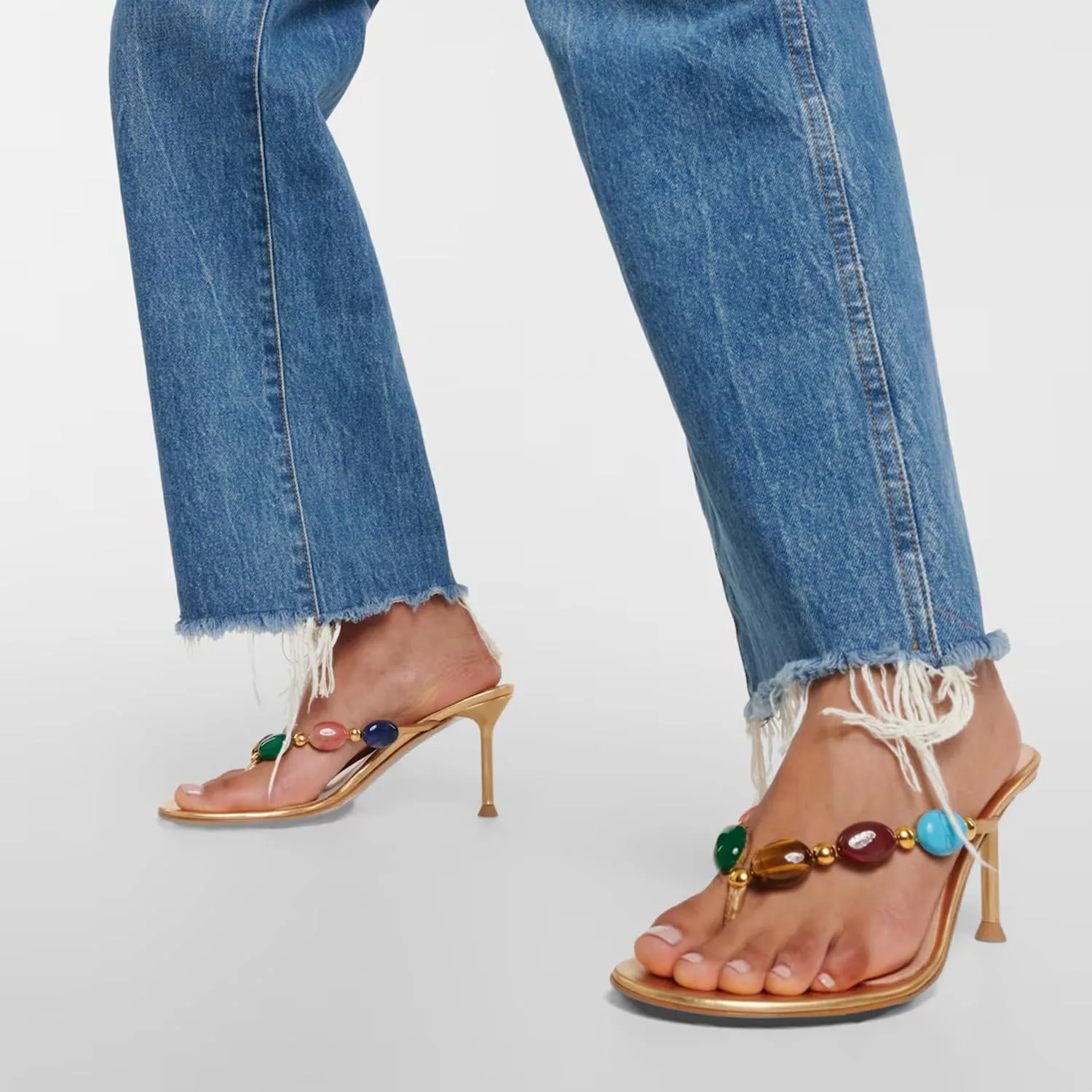 Jewelled Thong Heeled Sandals for Women Slip On Round Open Toe Flip Flop Pumps Mules Summer Strappy High Heels Dress Wedding Shoes