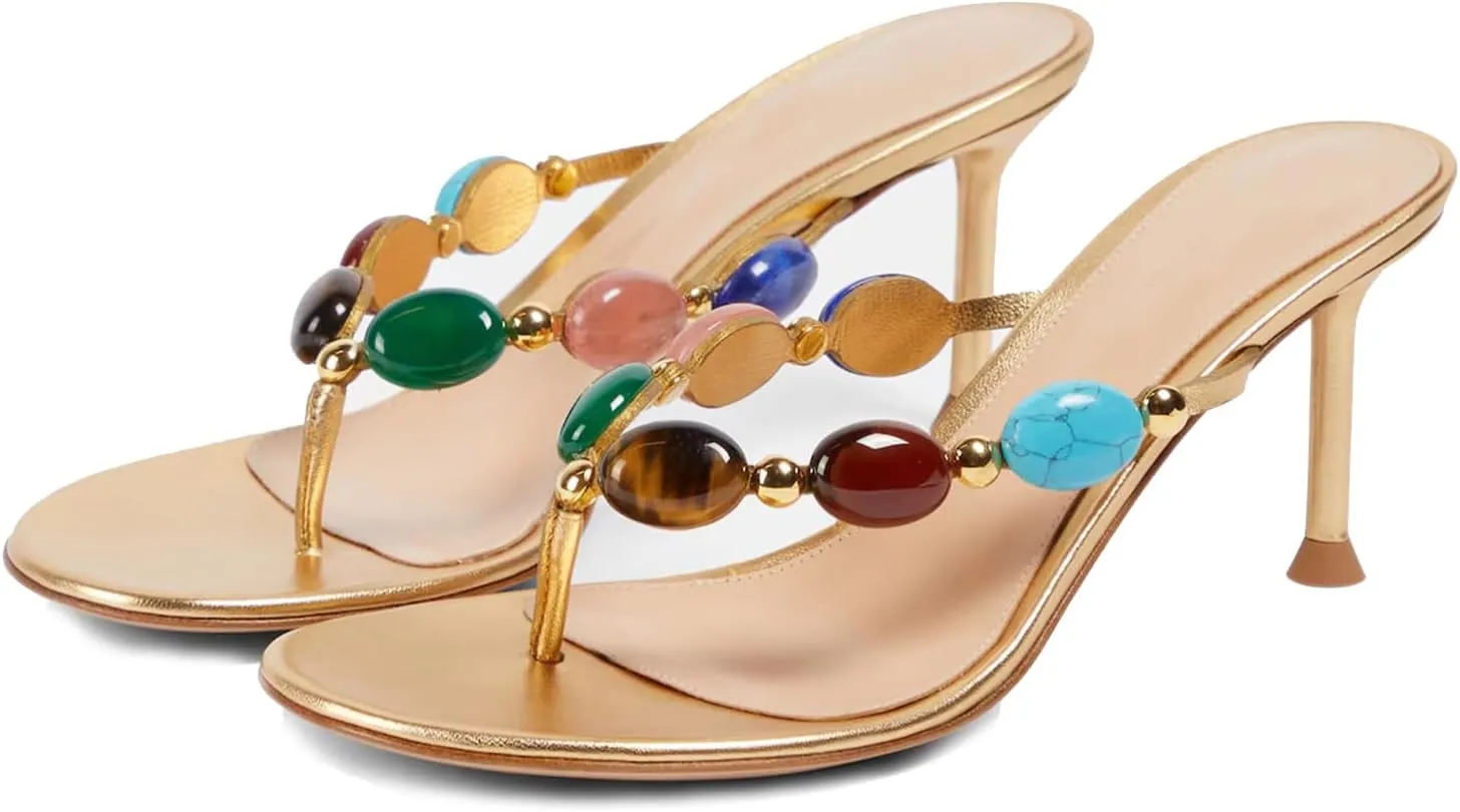 Jewelled Thong Heeled Sandals for Women Slip On Round Open Toe Flip Flop Pumps Mules Summer Strappy High Heels Dress Wedding Shoes