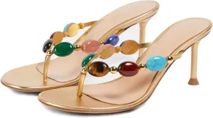 Jewelled Thong Heeled Sandals for Women Slip On Round Open Toe Flip Flop Pumps Mules Summer Strappy High Heels Dress Wedding Shoes